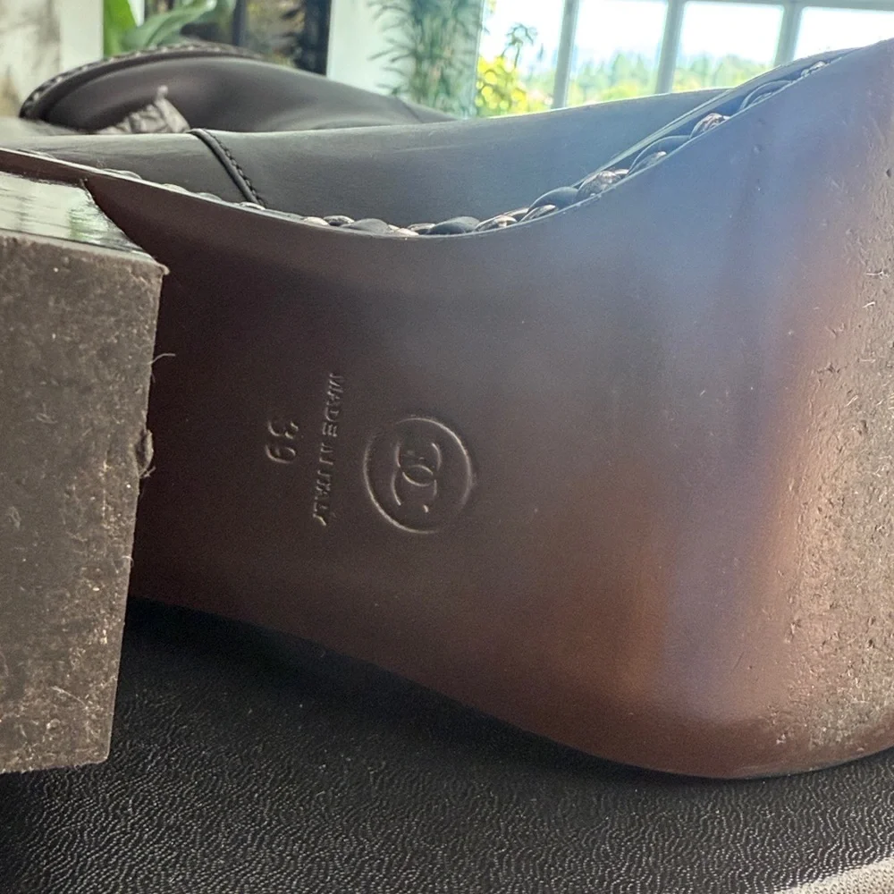 CHANEL Black Leather Knee Boots with Chain Trim - Picture 8 of 8